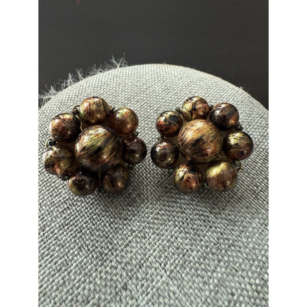 Marvella Lucite Metallic Earrings Brown Clip On Gold Tone Wired Chunky Retro